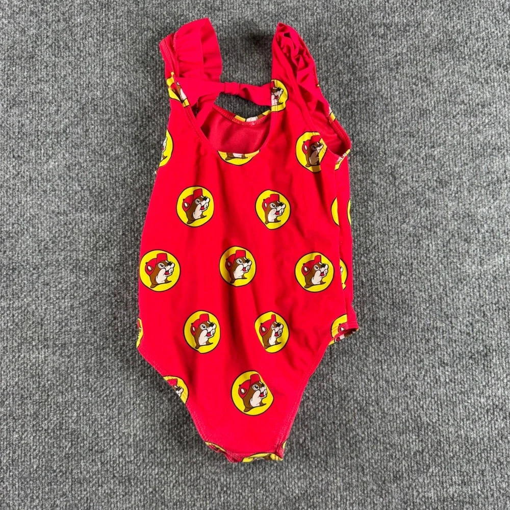 Buc-ee's Girls Red Beaver Logo One Piece Swimsuit Ruffle Straps Size 5T